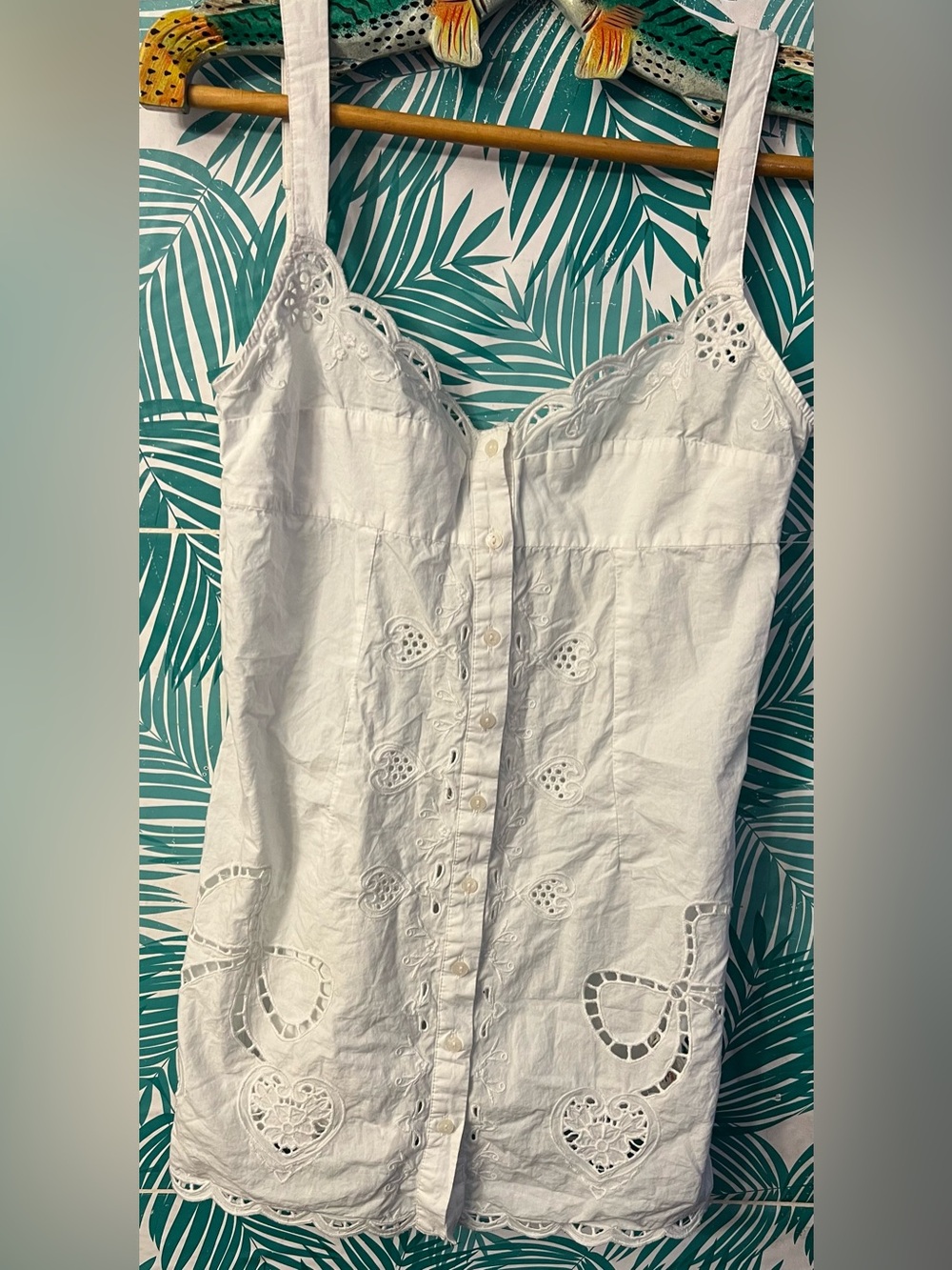 LyreBird Embroidered White Eyelet Mini Shift Dress Button-Front Sz XS